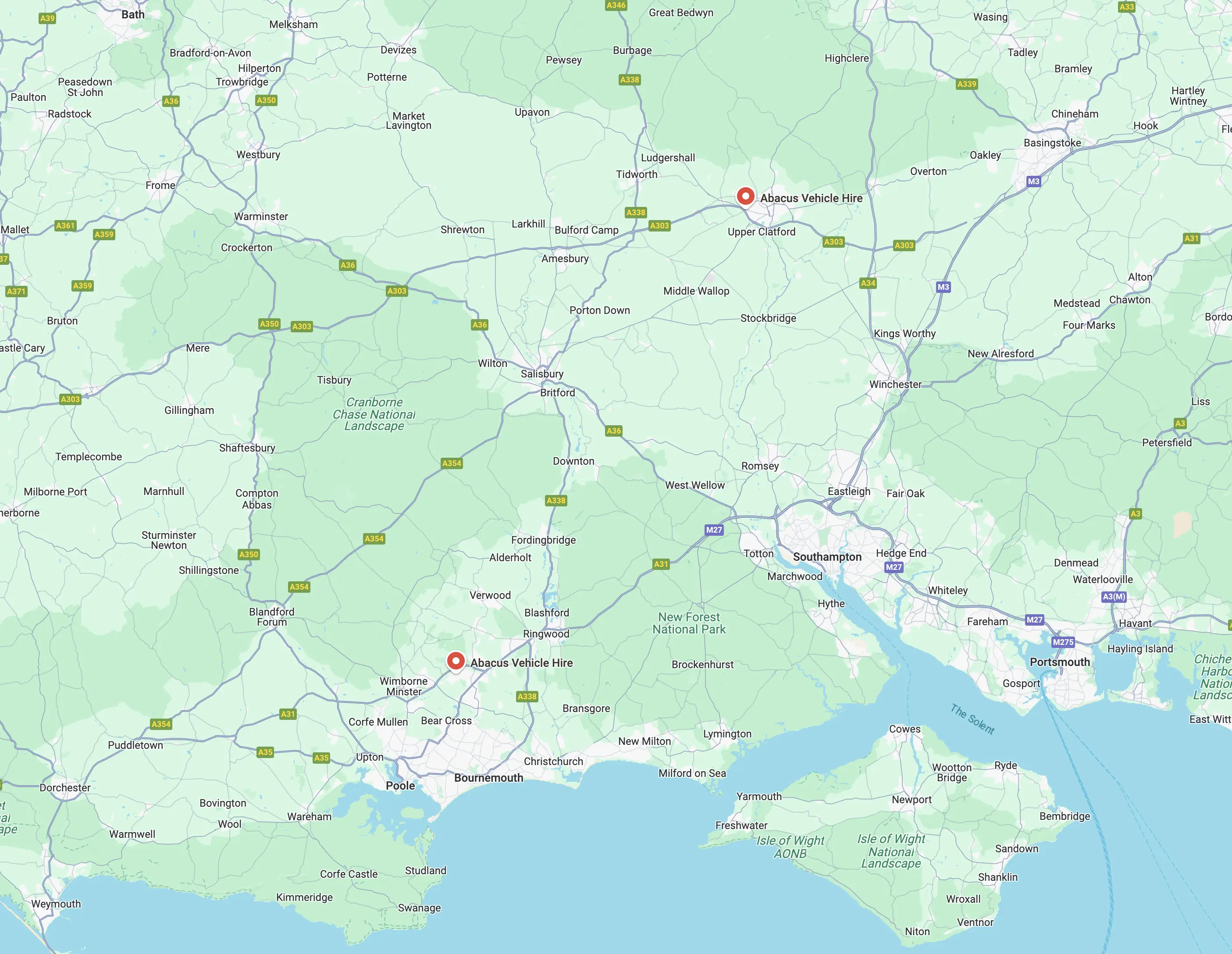map with locations for Abacus Vehicle Hire
